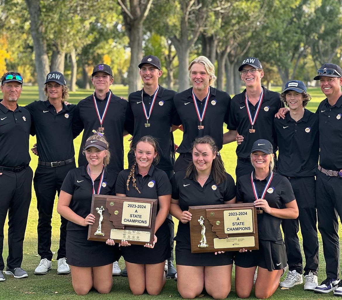 Polson's 2023 Championship Golf Teams, top row: coach John Kelley, Torrin Ellis, Espn Fischer, Hunter Emerson, Christian Lund, Carson Hupka, Cole Cross and coach Cameron Milton.Bottom row: Ashley Maki, Kila Cannon, Clare Konen and Kylee Siefert.