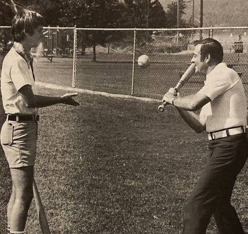 Red Halpern, right, and Steve Anthony of the Parks & Rec Department promote a 1978 softball tournament.