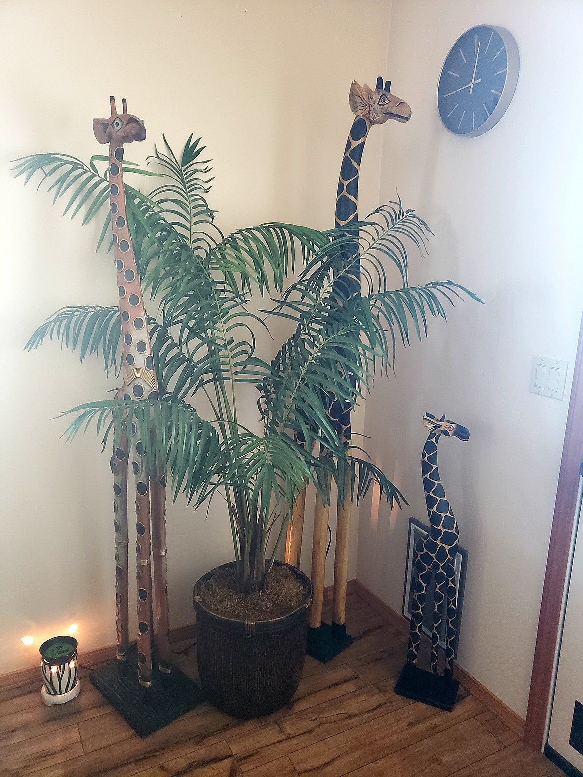 An arrangement of a family of giraffes Marji Naaz found in a thrift store. They hide her dog door from sight and make her corner a little more homey.