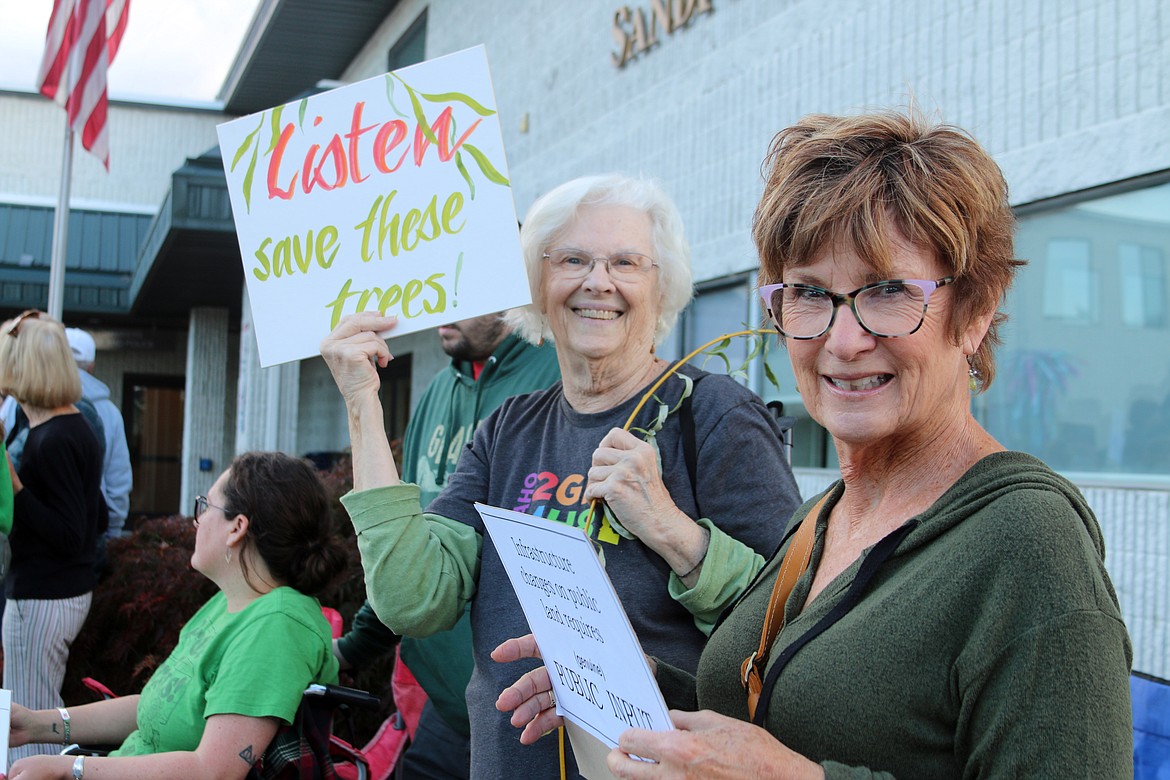 Sharon McCahon and Ranel Hanson said they hoped Wednesday's protest would encourage the city to change its mind on cutting down 20 trees at Travers Park. They also hoped the city would find a new location for a new tennis-pickleball facility.