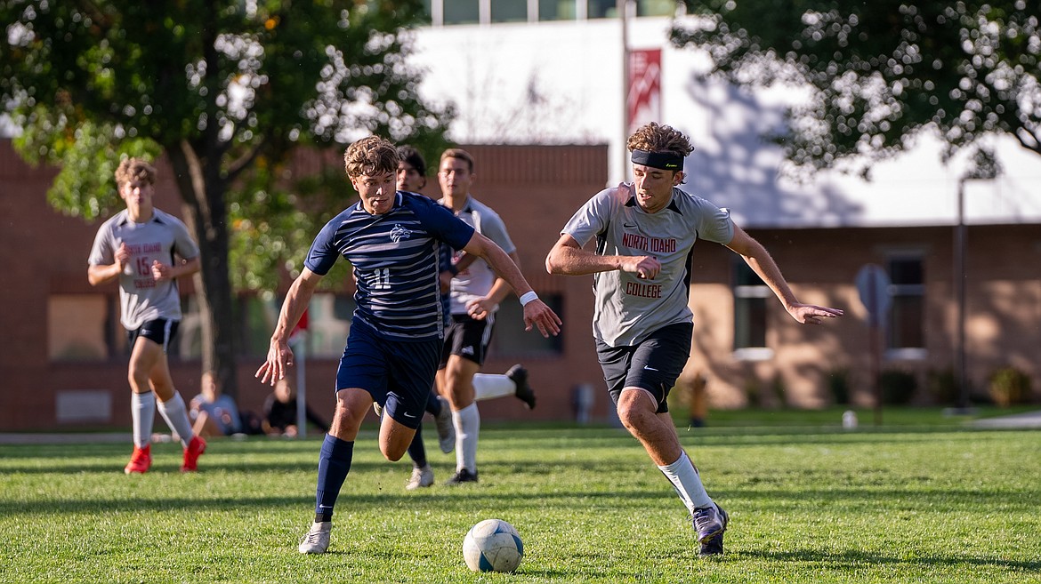 Photo courtesy of NIC ATHLETICS
North Idaho College midfielder Randy Lane sprints to get possession of the ball during the second half of Wednesday's Northwest Athletic Conference match against Blue Mountain at Eisenwinter Field.