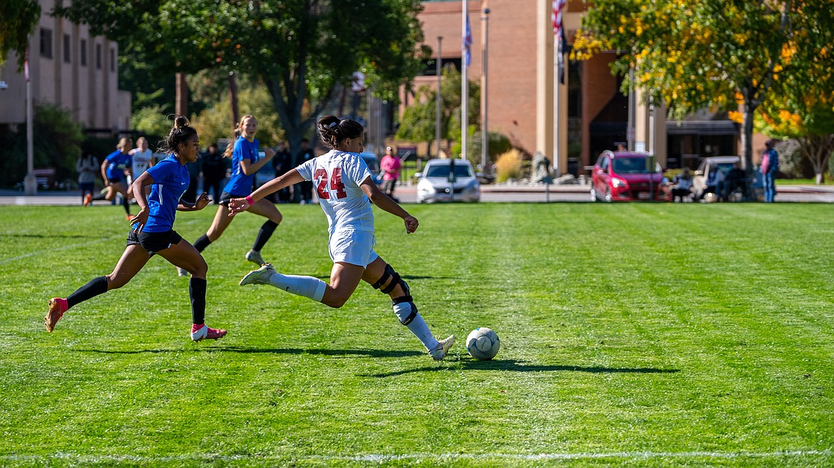 Photo courtesy of NIC ATHLETICS
North Idaho College sophomore forward Teresa Ledezma plays a ball during the first half of Wednesday's match against Blue Mountain.