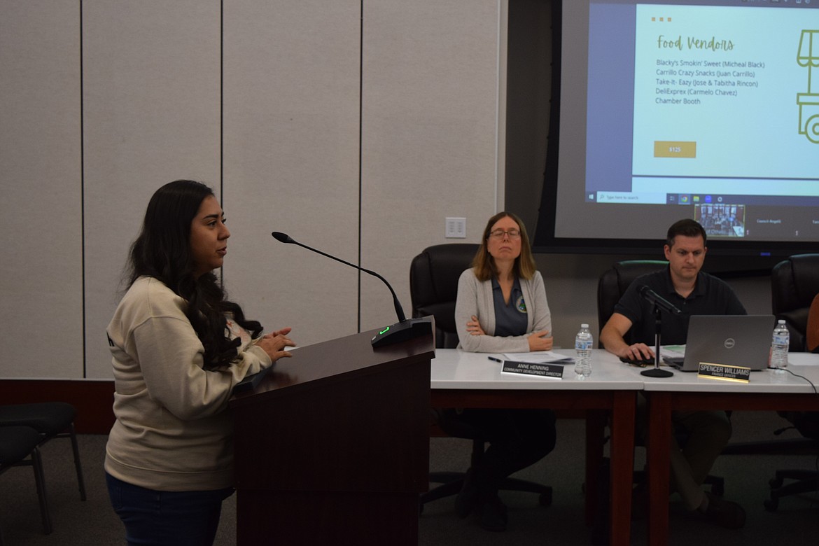 Greater Othello Chamber of Commerce Manager Jackie Wilhelm presents a PowerPoint on the chamber’s upcoming Family Fall Festival to the Othello City Council Monday evening.