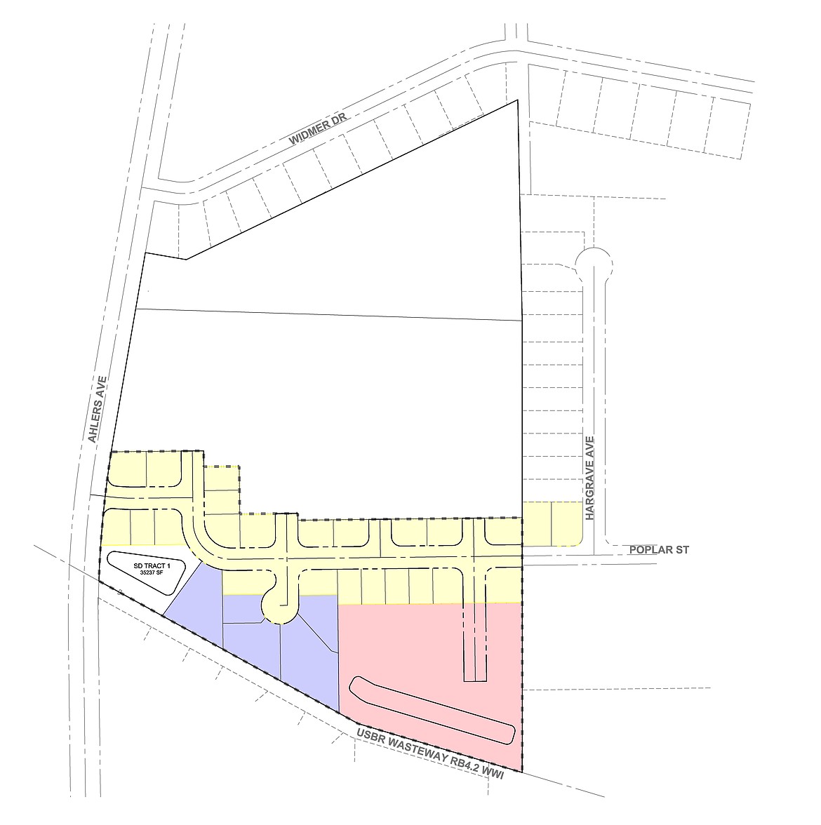 A map of the proposed Pratt Hills development in Royal City. The lots marked in yellow will accommodate single- and two-family dwellings, according to CAD Homes, while the lots in purple will be for four-family residences and the space in red will be for multi-family use.