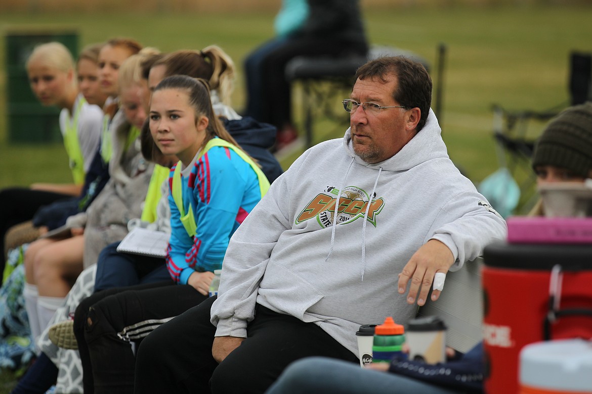 MARK NELKE/Press
Timberlake High girls soccer coach Steve Michael watches from the bench as the Tigers play in the 3A District 1-2 championship game in 2018.