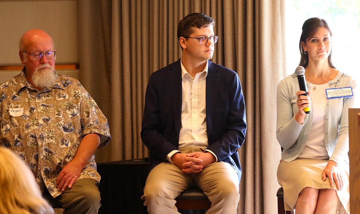 Hayden City Councilmember Roger Saterfiel, left, and Post Falls City Council candidates Randy Westlund, center, and Samantha Steigleder take part in a candidates' forum during a Wednesday luncheon of the North Idaho Federated Republican Women at The Coeur d'Alene Resort.