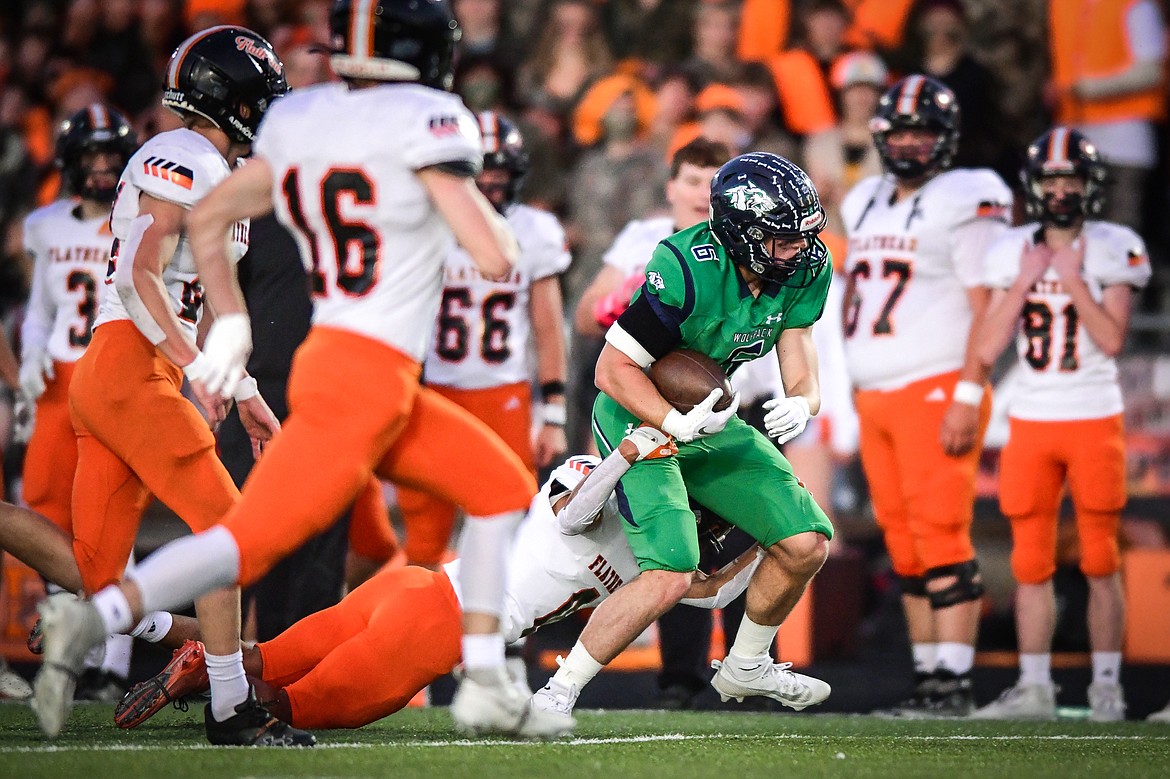 Glacier running back Kash Goicoechea (6) picks up yardage on a run in the first quarter against Flathead at Legends Stadium on Thursday, Oct. 5. (Casey Kreider/Daily Inter Lake)