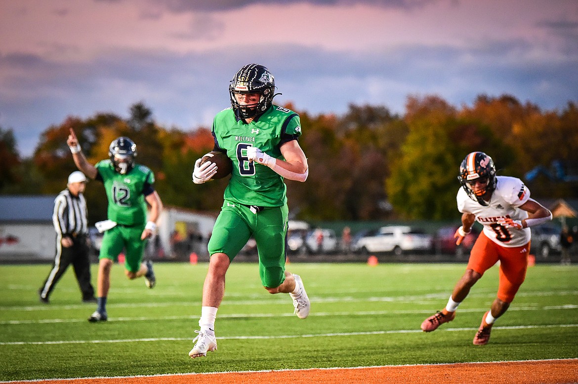 Glacier running back Kash Goicoechea (6) scores a touchdown on a 5-yard run in the first quarter against Flathead at Legends Stadium on Thursday, Oct. 5. (Casey Kreider/Daily Inter Lake)