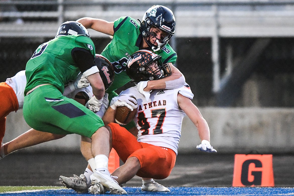 Flathead tight end Braden Capser (47) scores on a run in the first quarter against Glacier at Legends Stadium on Thursday, Oct. 5. (Casey Kreider/Daily Inter Lake)