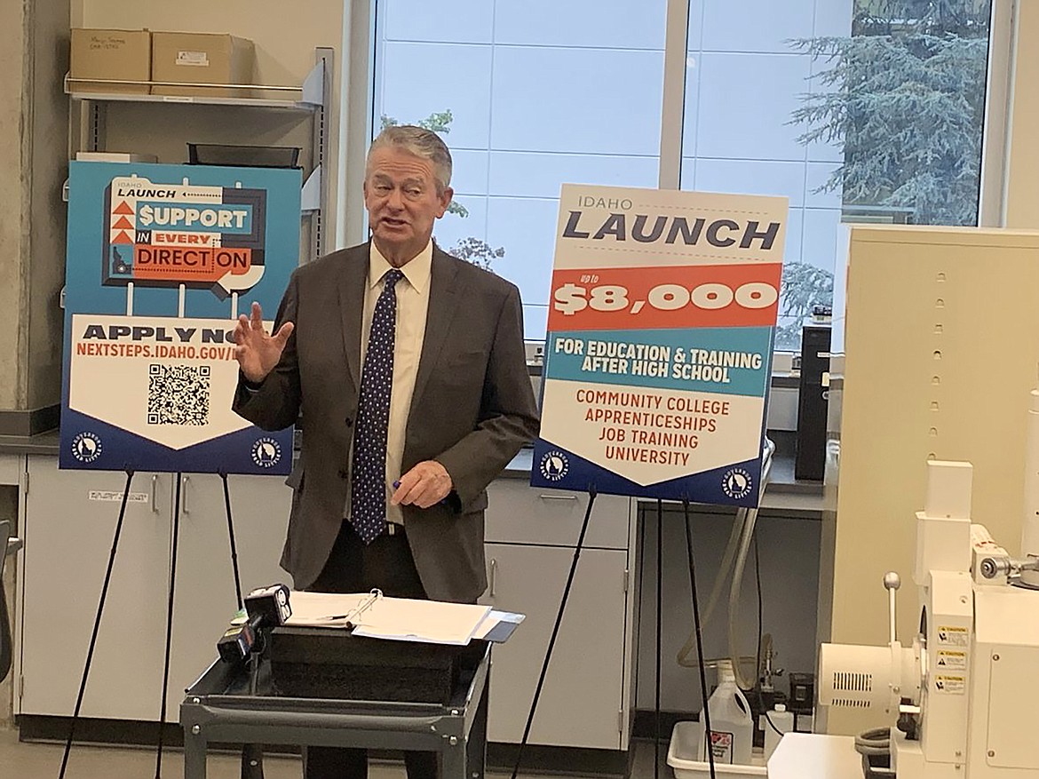 Gov. Brad Little touts the liftoff of the Idaho Launch postsecondary grant program during a brief Tuesday morning ceremony at Boise State University.