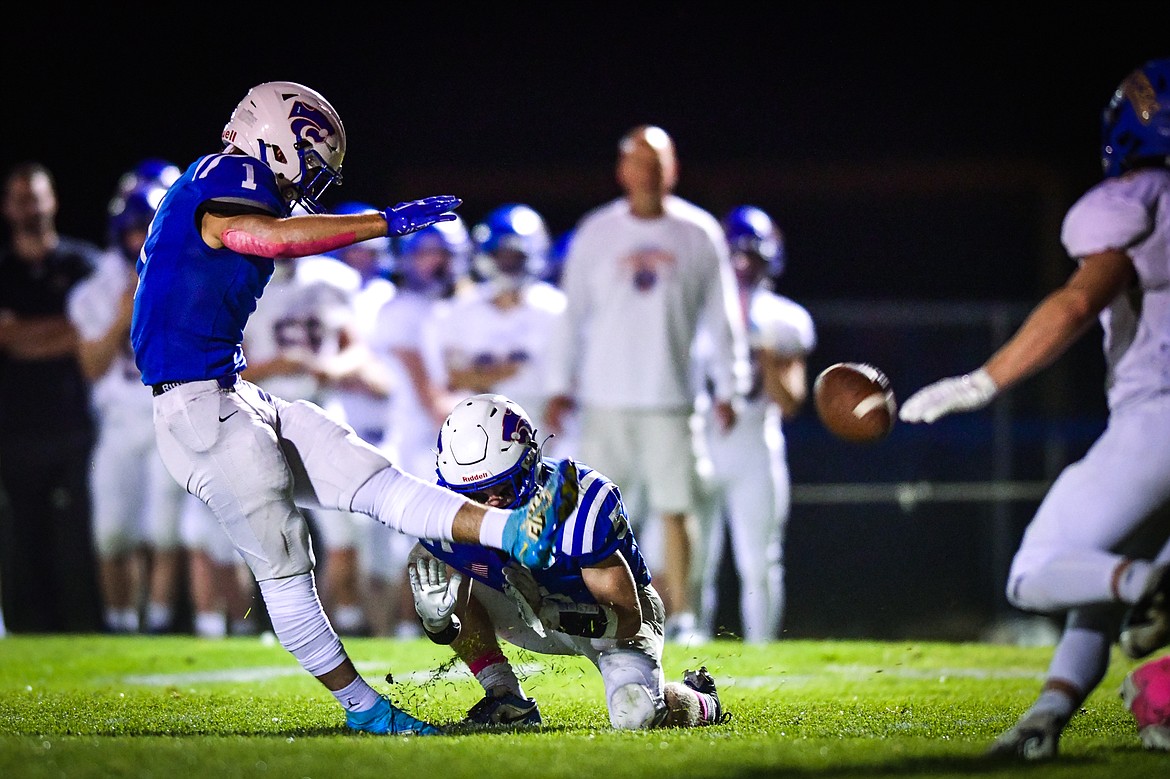 Columbia Falls kicker Kai Golan (1) kicks a field goal in the second quarter against Libby at Satterthwaite Field on Friday, Oct. 6. (Casey Kreider/Daily Inter Lake)