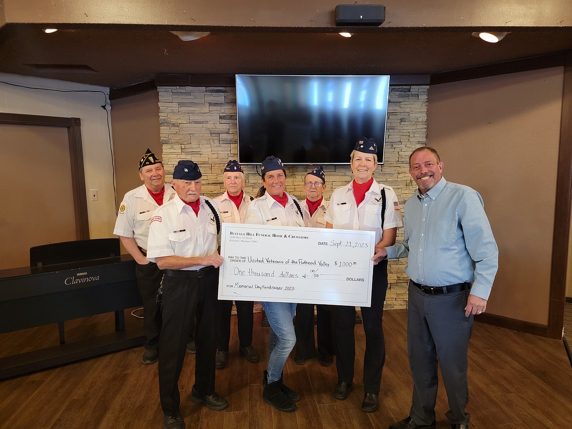 Buffalo Hill Funeral Home has made a $1,000 donation to the United Veterans of the Flathead Valley.
The donation is to assist with supplies needed to conduct military funeral honors. 
The funeral home accepted donations during its free annual Memorial Day barbecue at the C.E. Conrad Cemetery. Those community donations were $427 and the funeral home rounded up for the final total.