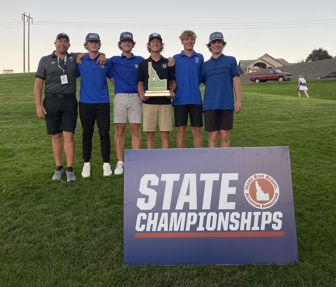 Courtesy photo
The Coeur d'Alene High boys golf team finished third at the state 5A tournament at Lewiston Country Club on Saturday. From left are coach Chase Bennett, Trey Nipp, Grant Potter, Jameson Dale, Gavin Duvall and Ben Crabb.