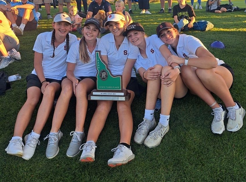 Courtesy photo
The Sandpoint High girls golf team finished third in the state 4A tournament at the University of Idaho Golf Course in Moscow on Saturday. From left are Raegan Samuels, Taylor Mire, Claire Loutzenhiser, Demi Driggs and Alexa Tuinstra.