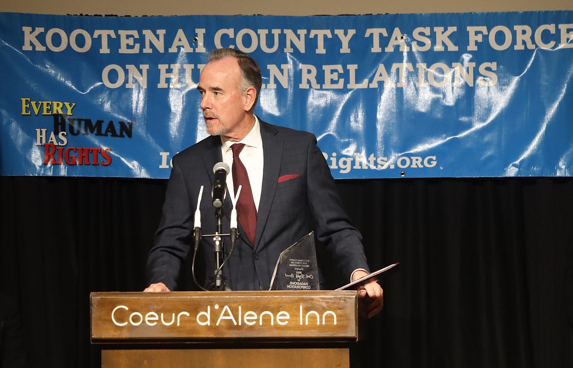 Mont Garman, chief financial officer for Hagadone Corp., speaks to the audience Saturday night after accepting the 24th annual Kootenai County Task Force on Human Relations Civil Rights Award for the corporation's establishment of a primary care health clinic, free to eligible employees and family members.