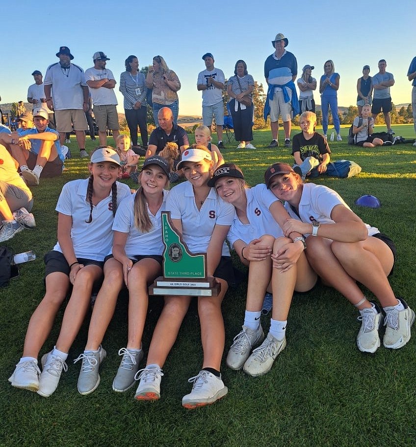 The Sandpoint High girls golf team finished third in the state 4A tournament at the University of Idaho Golf Course in Moscow on Saturday. From left are Raegan Samuels, Taylor Mire, Claire Loutzenhiser, Demi Driggs and Alexa Tuinstra.