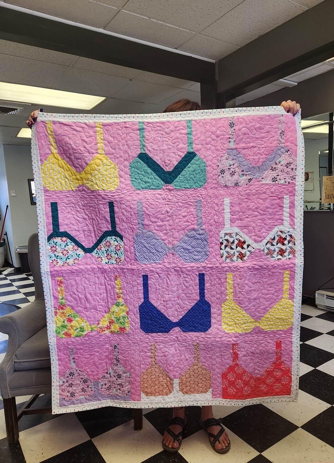 A quilt with bra patterns sewn into it is part of the TaTa's Party auction being held Saturday, Oct. 14 at the Wallace Elks Lodge at 419 Cedar St.