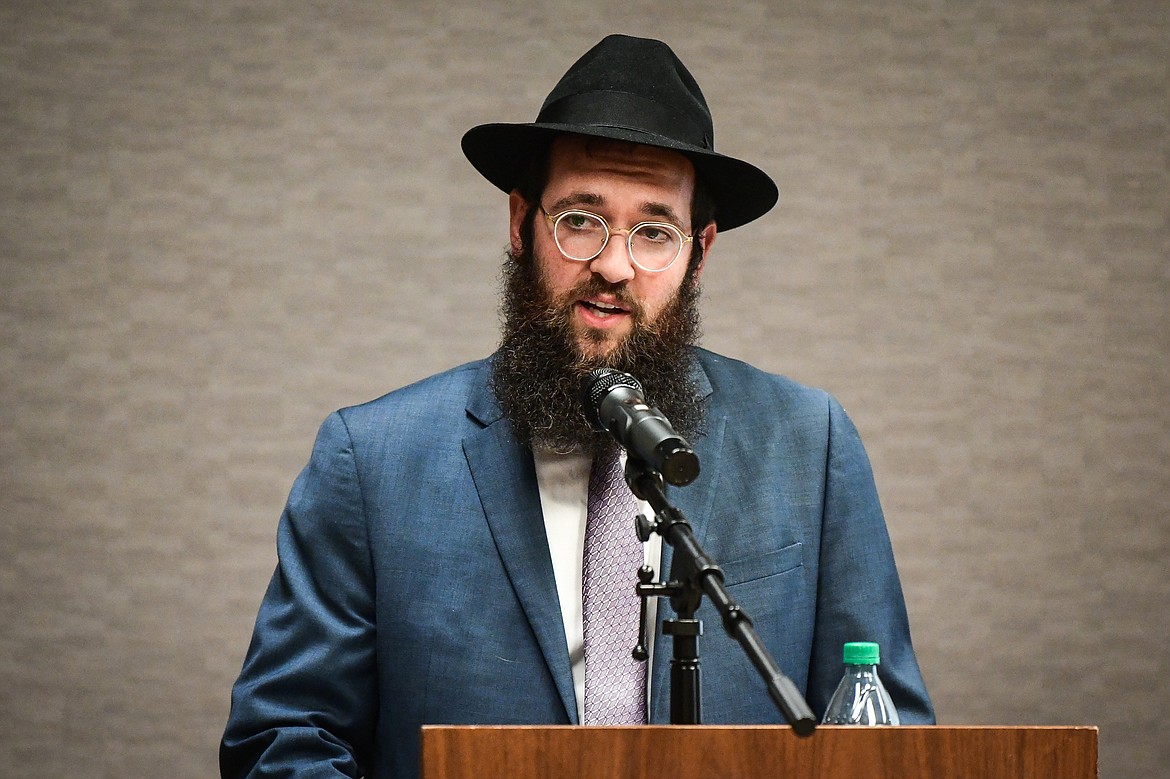 Rabbi Shneur Wolf, co-director and spiritual leader of the Chabad of the Flathead Valley, speaks during a United for Israel gathering at the Red Lion Hotel in Kalispell on Tuesday, Oct. 10. (Casey Kreider/Daily Inter Lake)