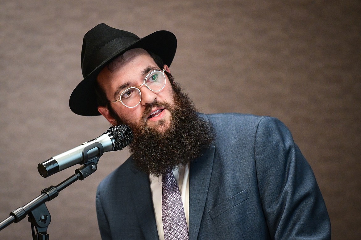 Rabbi Shneur Wolf, co-director and spiritual leader of the Chabad of the Flathead Valley, speaks during a United for Israel gathering at the Red Lion Hotel in Kalispell on Tuesday, Oct. 10. (Casey Kreider/Daily Inter Lake)