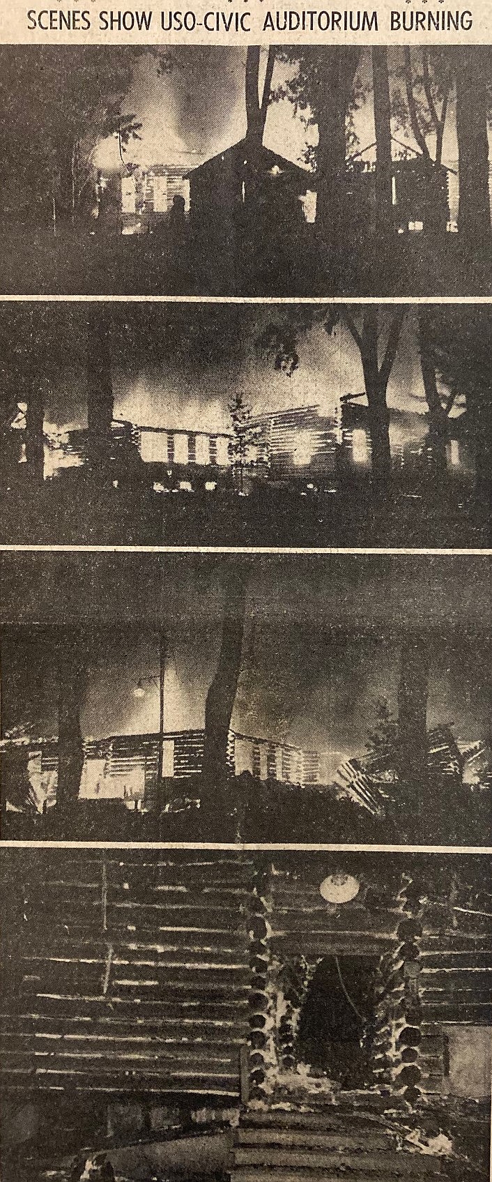 A series of photos shows the USO/civic auditorium burning Oct. 9-10, 1945.