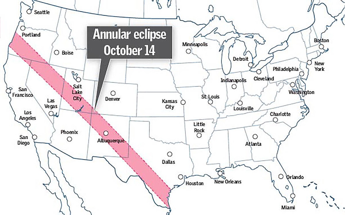 Path of the eclipse on Saturday, Oct. 14, 2023. (Wes Rand/Las Vegas Review-Journal)