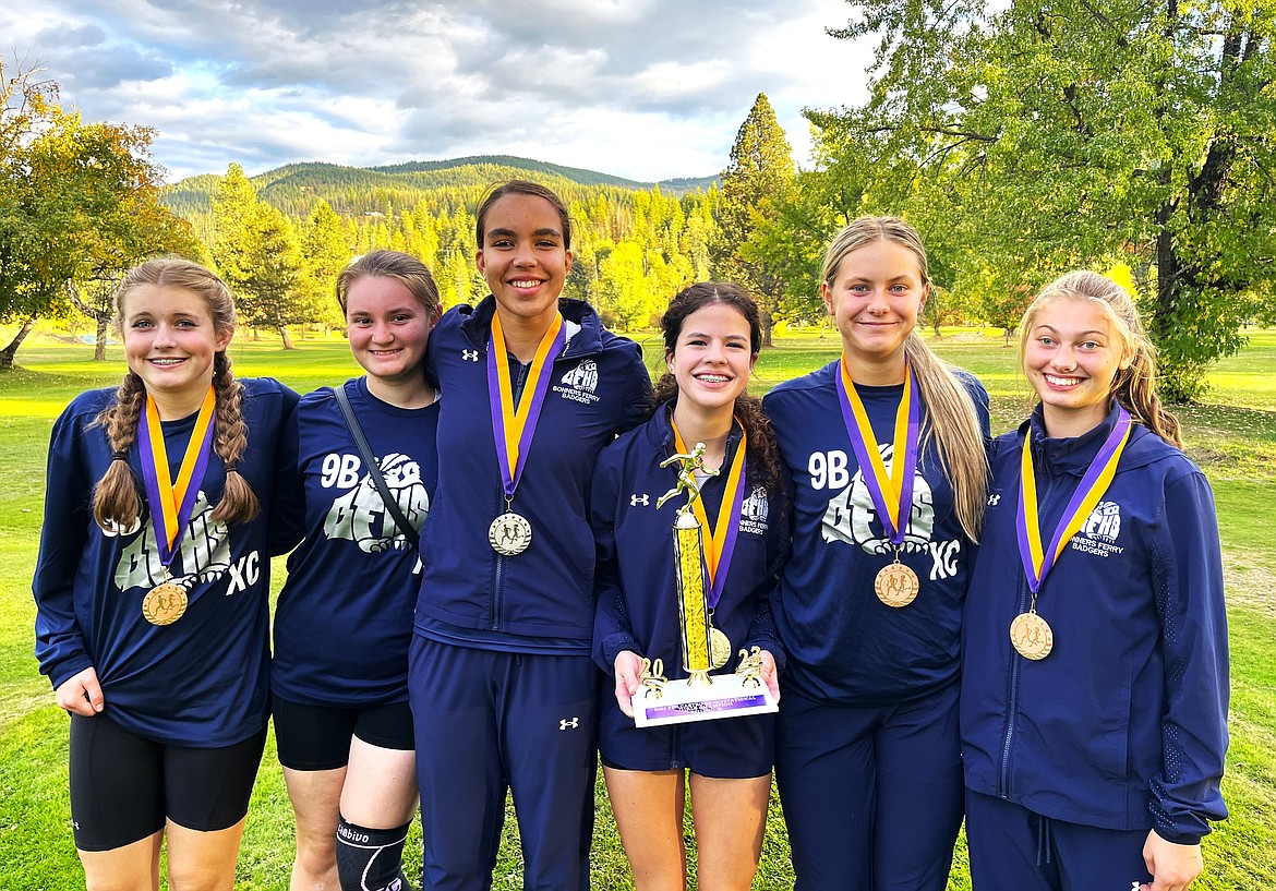 Badger XC girls take first at the Ben Castro Invitational at Pinehurst on Oct. 5 in Kellogg. (left) Ruby Law, Trina Johnon, Matisyn Stiern, Sydney Beckle, Braylyn Bayer and Piper Banning.