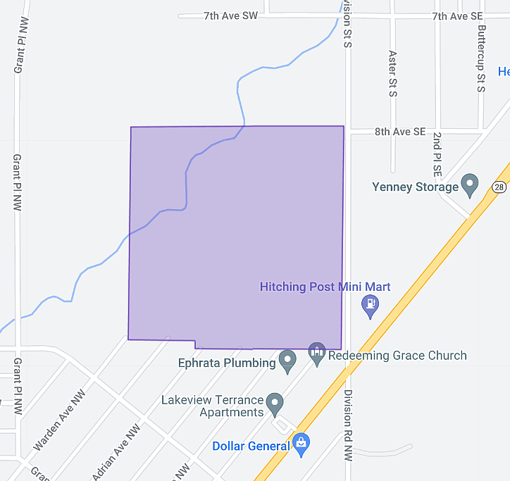 The purple-highlighted area shows the 38-acre parcel of land owned by North Pacific Investments, the future site of a manufactured-home condominium development west of Division Street in Soap Lake.