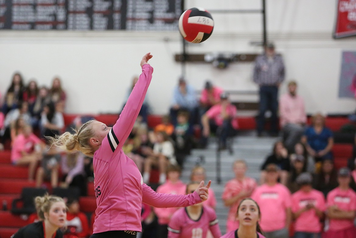 Lind-Ritzville/Sprague junior Addy Colbert raises her arm to hit the ball against Reardan in the Broncos’ sweep of the Screaming Eagles on Tuesday.