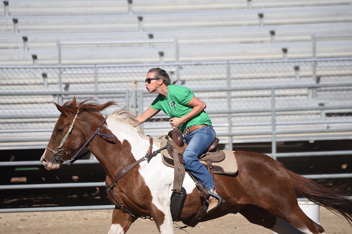 Carrie Frick, of Kalispell, was one of the competitors at the Libby Saddle Club's O-Mok-See event last weekend at J. Neils Memorial Park. (Scott Shindledecker/The Western News)