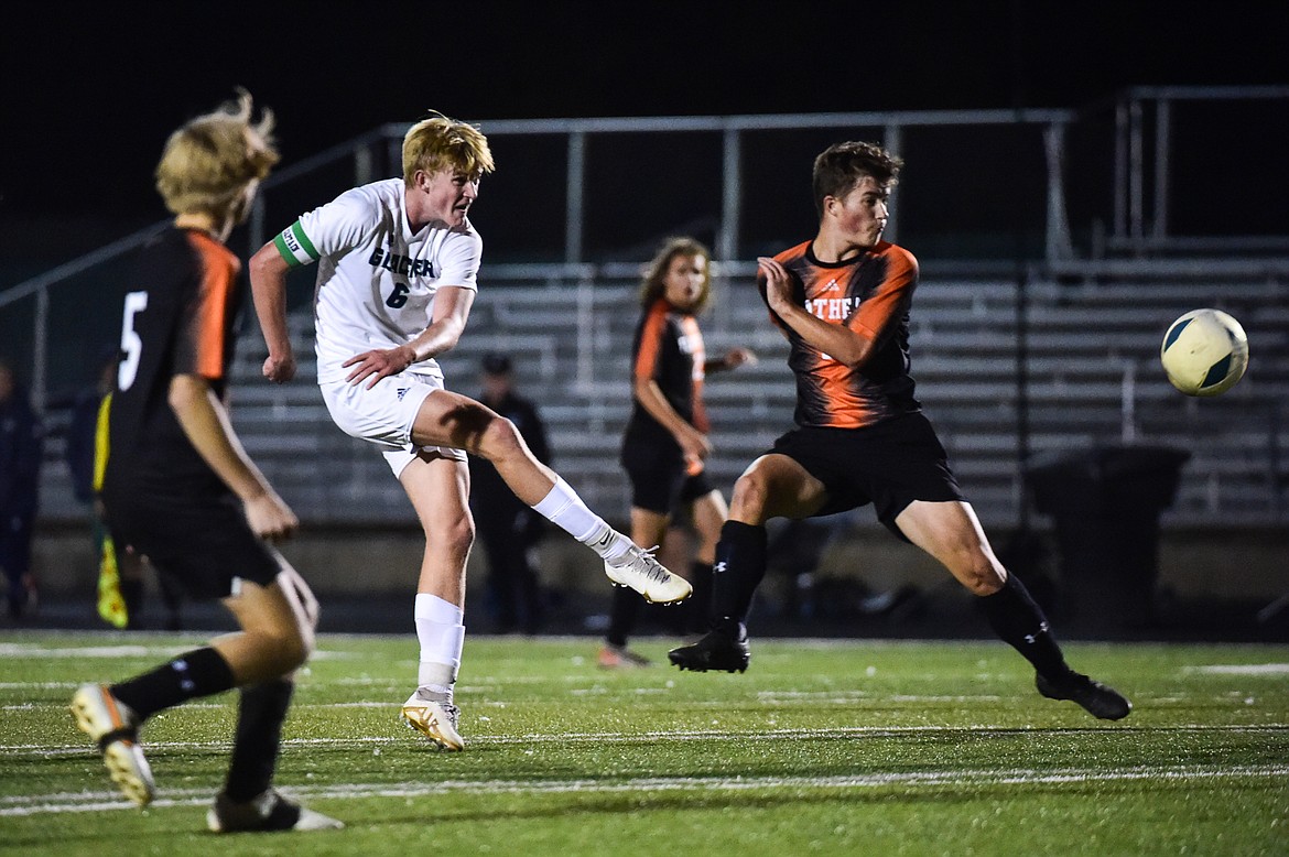 Glacier's Liam Ells (6) shoots in the second half against Flathead at Legends Stadium on Thursday, Oct. 12. (Casey Kreider/Daily Inter Lake)