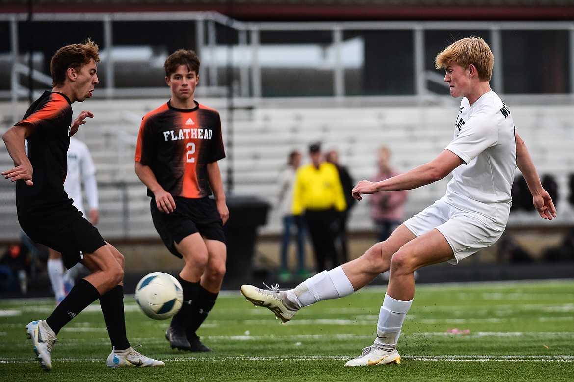 Glacier's Liam Ells (6) scores a goal in the first half against Flathead at Legends Stadium on Thursday, Oct. 12. (Casey Kreider/Daily Inter Lake)