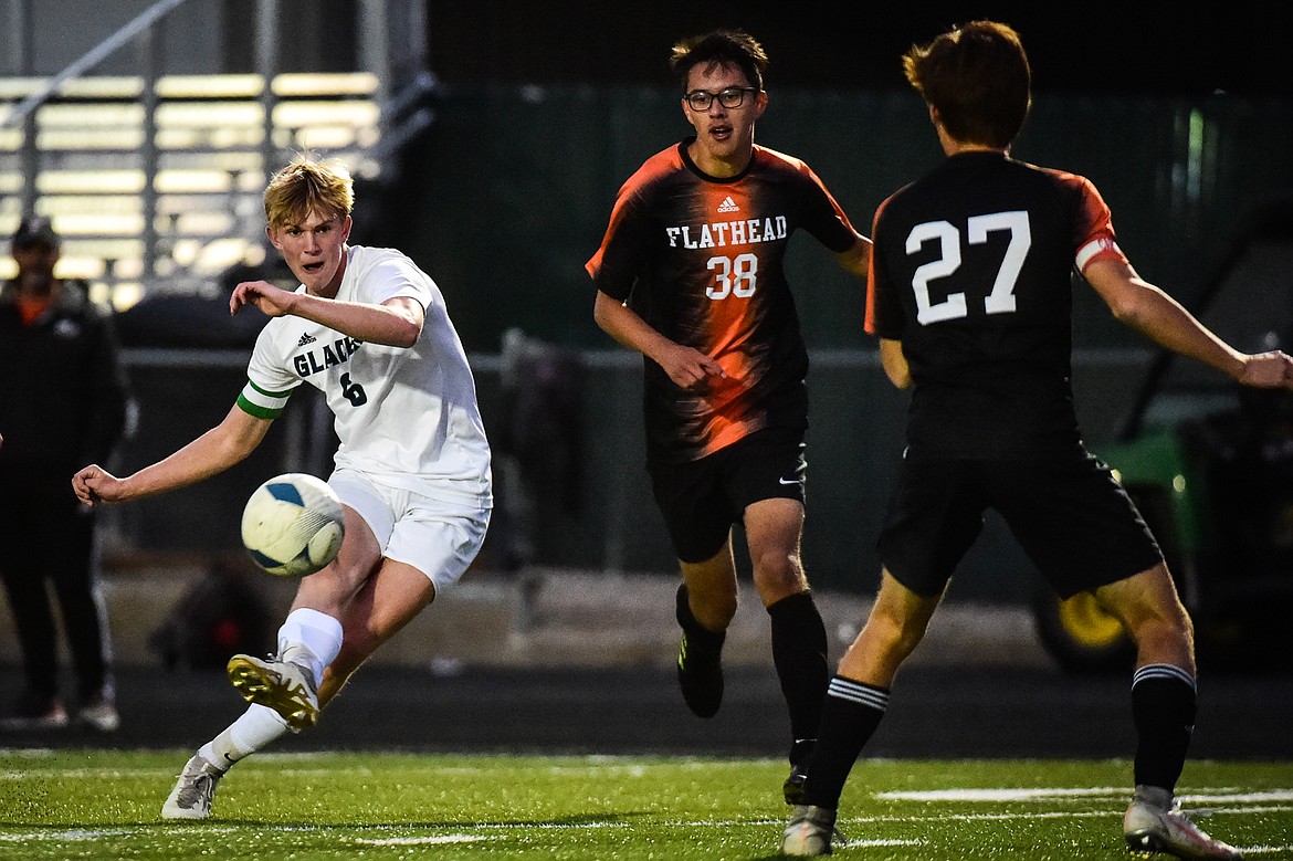 Glacier's Liam Ells (6) scores a goal in the second half against Flathead at Legends Stadium on Thursday, Oct. 12. (Casey Kreider/Daily Inter Lake)