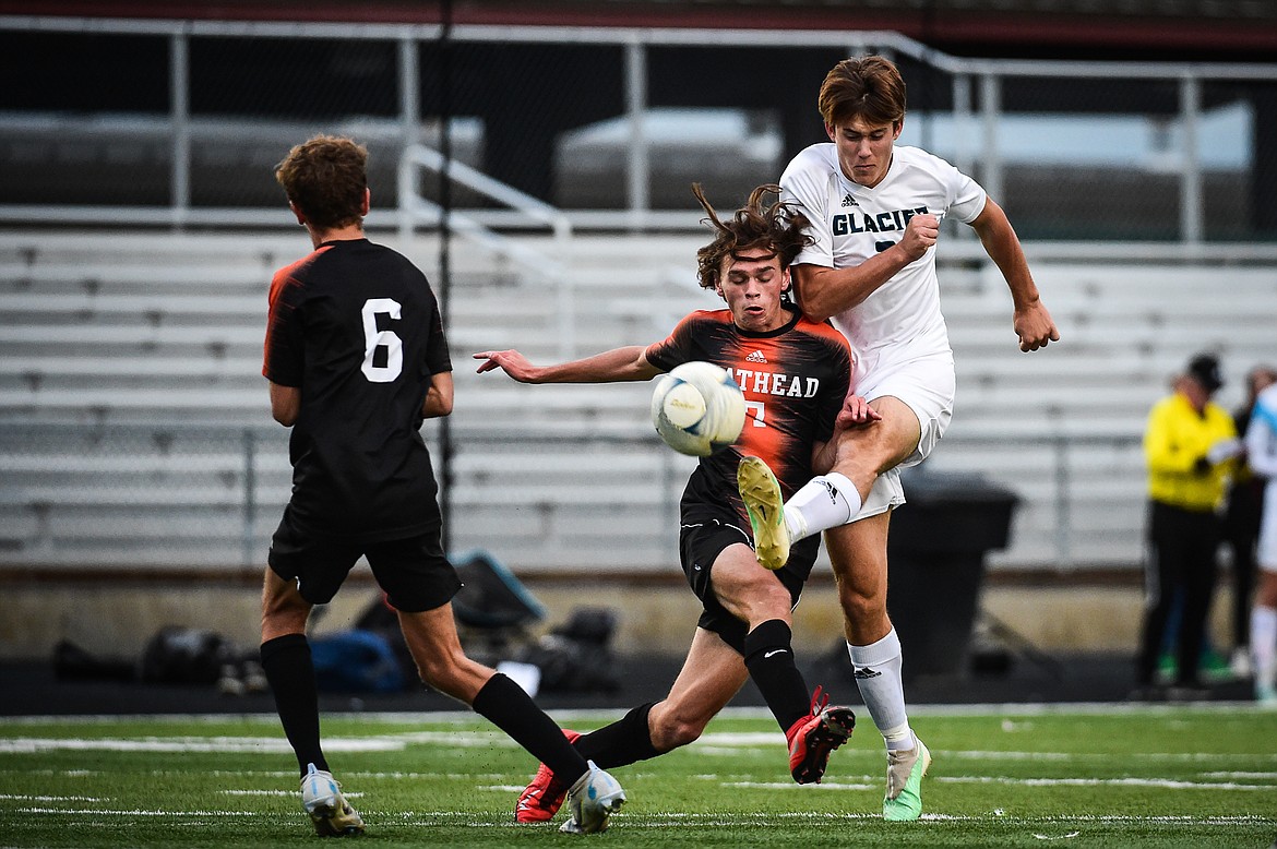 Flathead's Trace Lenz (7) defends a shot by Glacier's Joey Paolini (7) in the first half at Legends Stadium on Thursday, Oct. 12. (Casey Kreider/Daily Inter Lake)