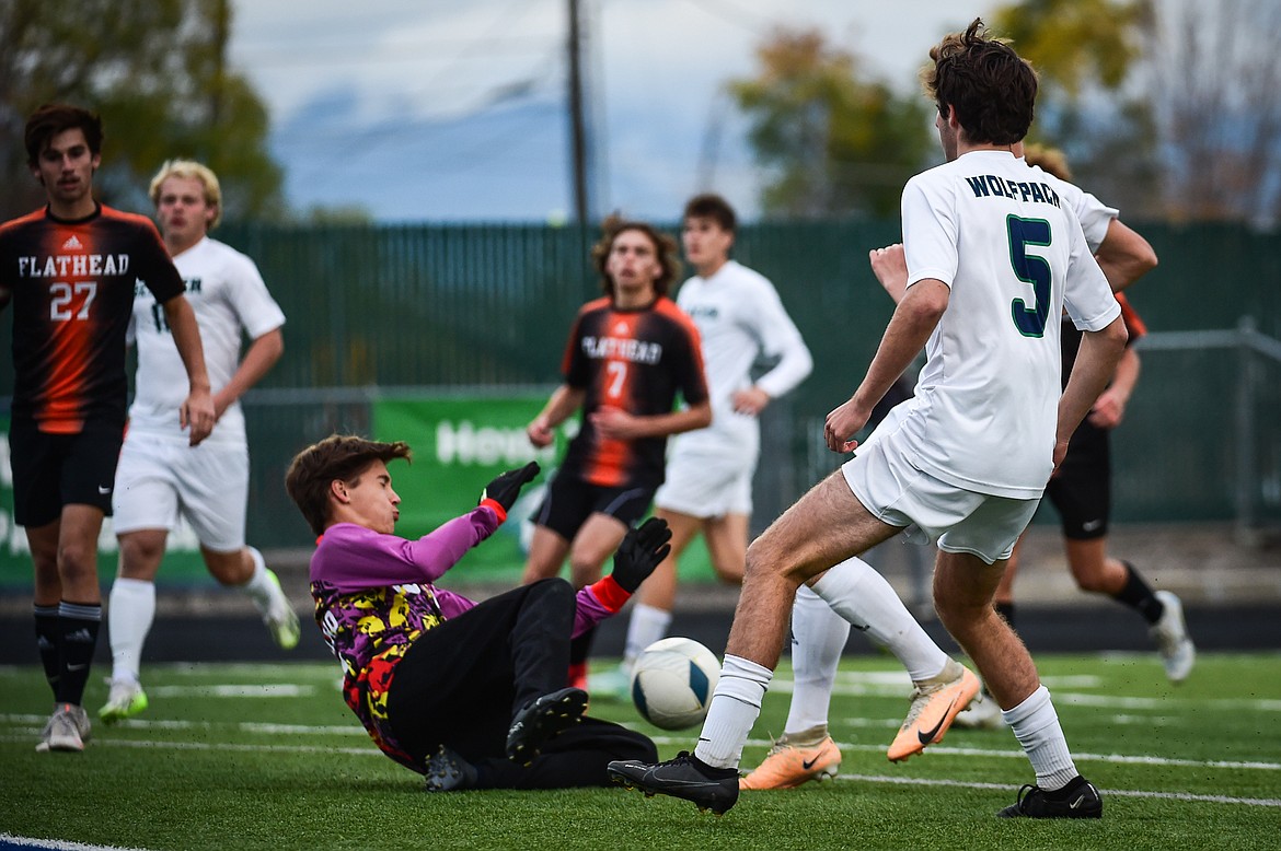 Flathead goalkeeper Connor Carvalho stops a shot in the first half against Glacier at Legends Stadium on Thursday, Oct. 12. (Casey Kreider/Daily Inter Lake)