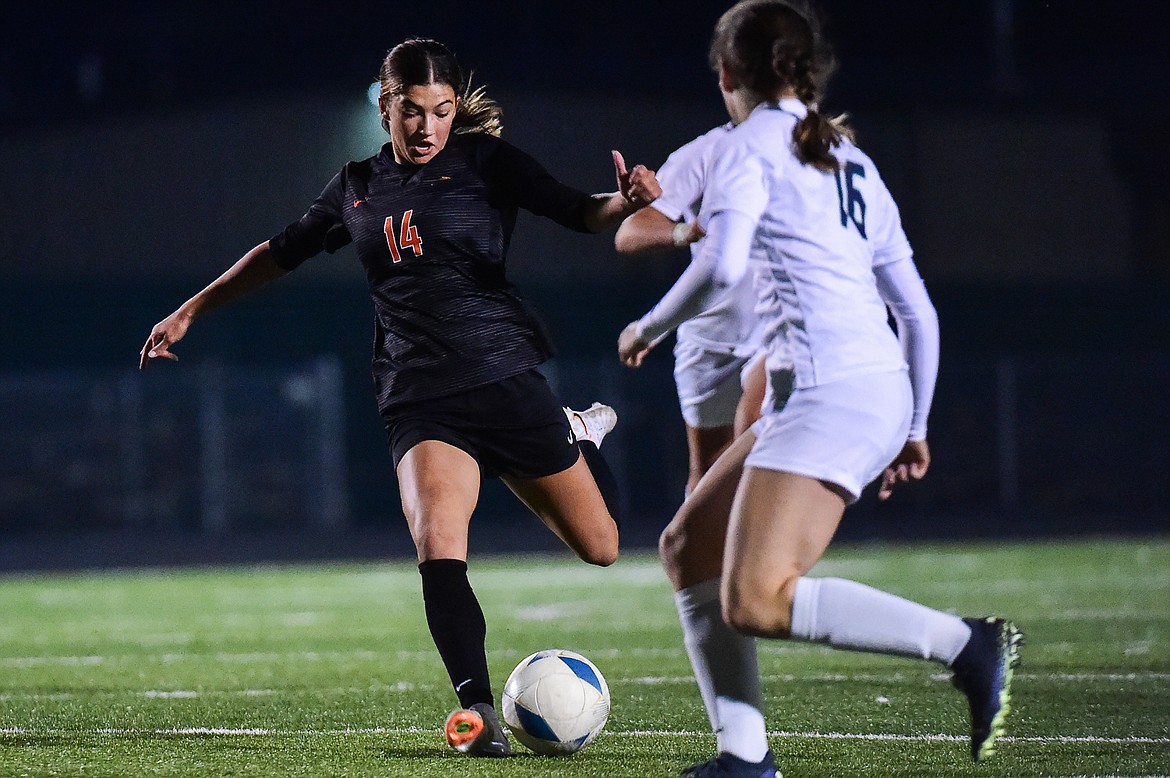 Flathead's Avi Schmautz (14) readies a shot on goal in the first half against Glacier at Legends Stadium on Thursday, Oct. 12. (Casey Kreider/Daily Inter Lake)