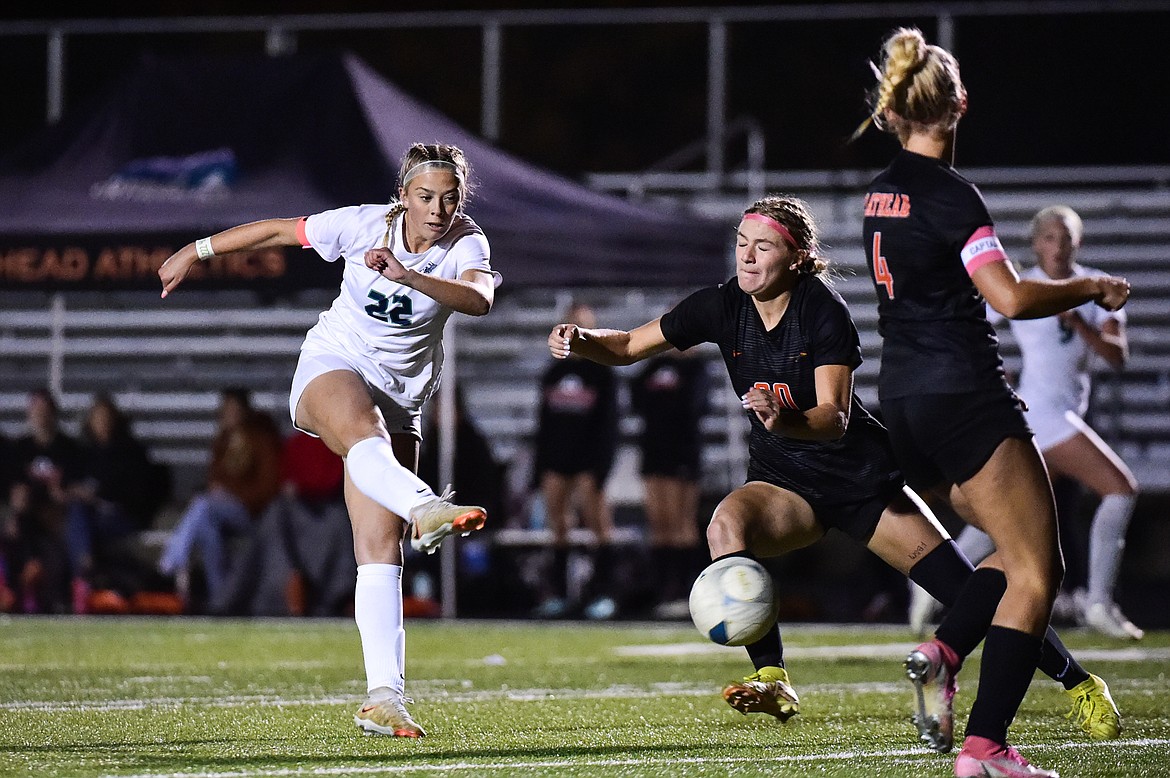 Glacier's Reagan Brisendine (22) shoots in the first half against Flathead at Legends Stadium on Thursday, Oct. 12. (Casey Kreider/Daily Inter Lake)