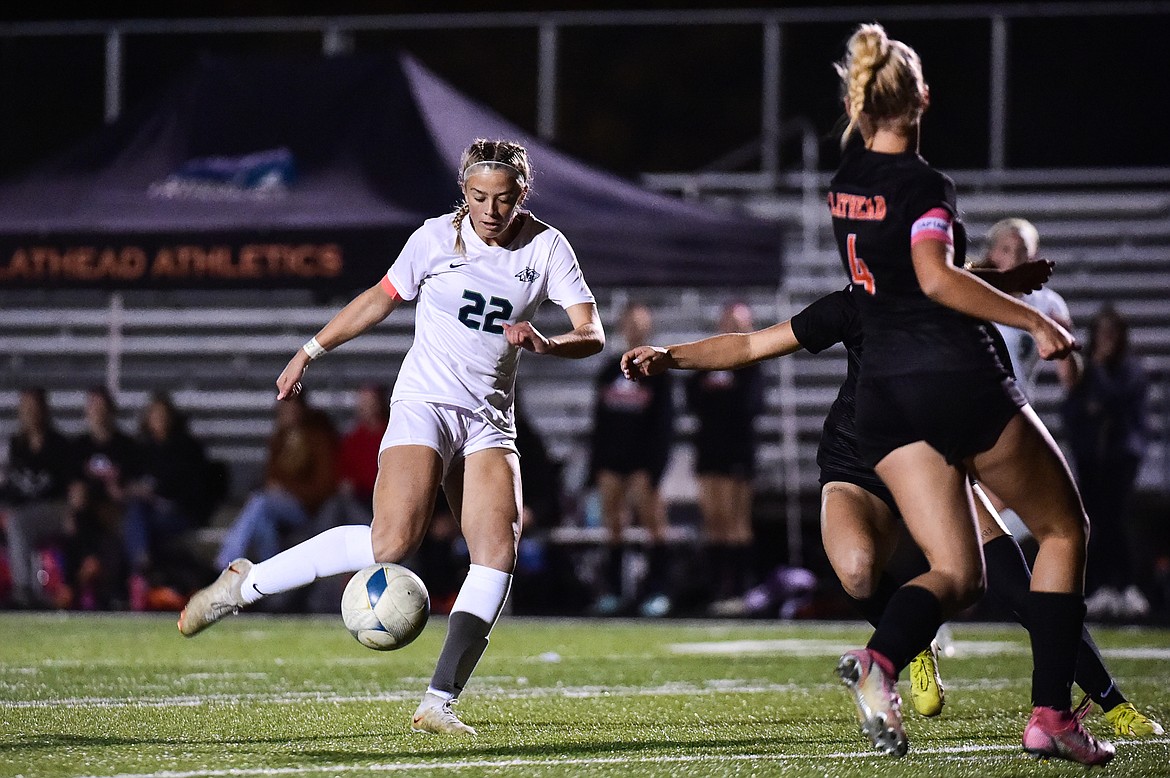 Glacier's Reagan Brisendine (22) shoots in the first half against Flathead at Legends Stadium on Thursday, Oct. 12. (Casey Kreider/Daily Inter Lake)