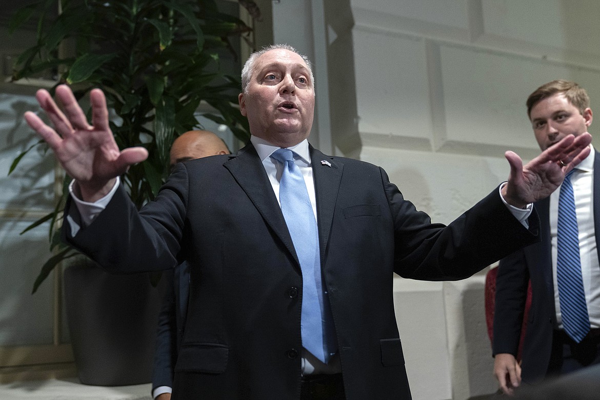 House Majority Leader Steve Scalise of La., talks to reporters as he announces he is ending his campaign to be the next House speaker after a Republican meeting at the Capitol in Washington, Thursday, Oct. 12, 2023. (AP Photo/Jose Luis Magana)