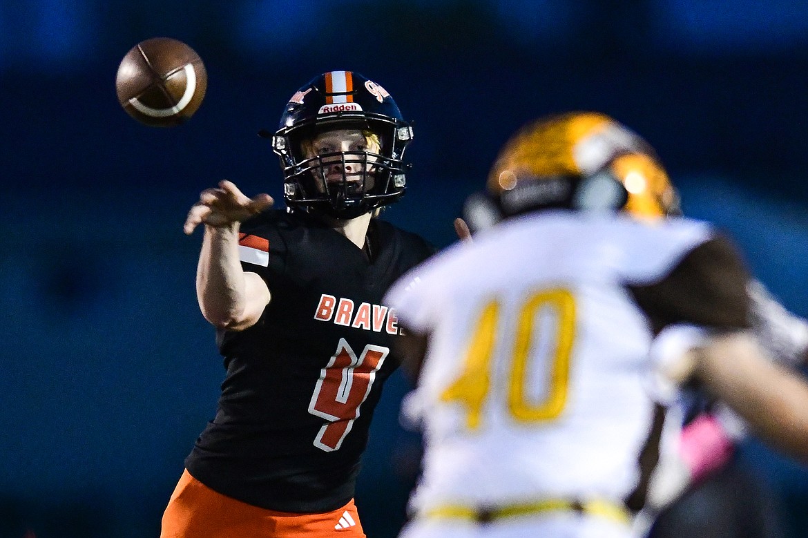 Flathead quarterback Brett Pesola (4) drops back to pass in the first quarter against Helena Capital at Legends Stadium on Friday, Oct. 13. (Casey Kreider/Daily Inter Lake)