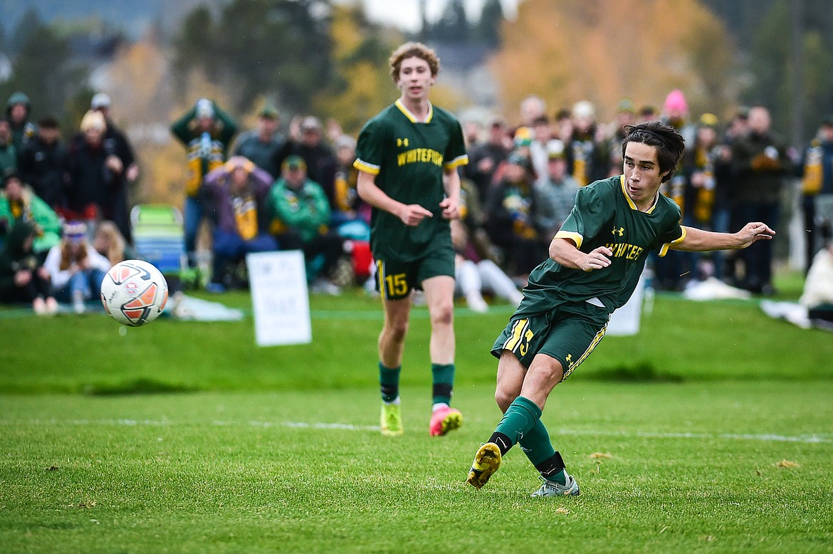 Whitefish's Ryder Elliott (3) scores a goal to break a 0-0 tie in the second half against Livingston at Smith Fields on Saturday, Oct. 14. (Casey Kreider/Daily Inter Lake)