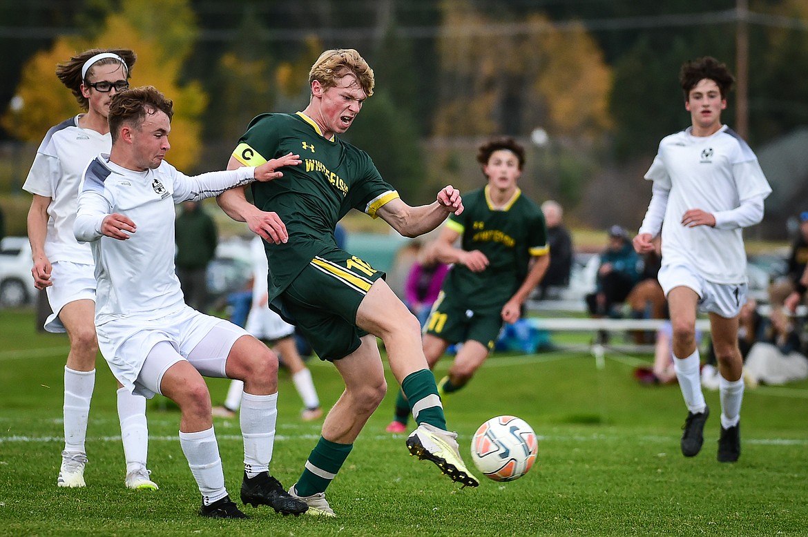 Whitefish's Jackson Dorvall (10) sends a shot on goal in the first half against Livingston at Smith Fields on Saturday, Oct. 14. (Casey Kreider/Daily Inter Lake)