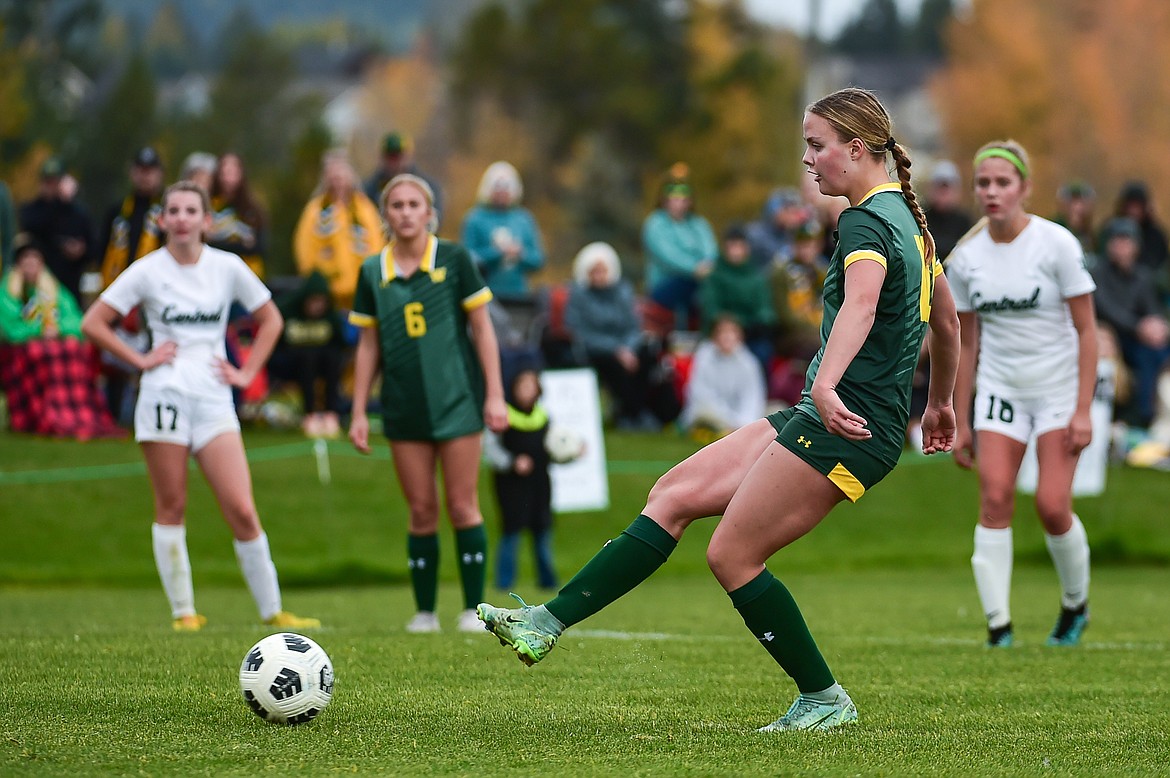 Whitefish's Olivia Genovese (10) scores a goal on a penalty kick in the second half against Billings Central at Smith Fields on Saturday, Oct. 14. (Casey Kreider/Daily Inter Lake)