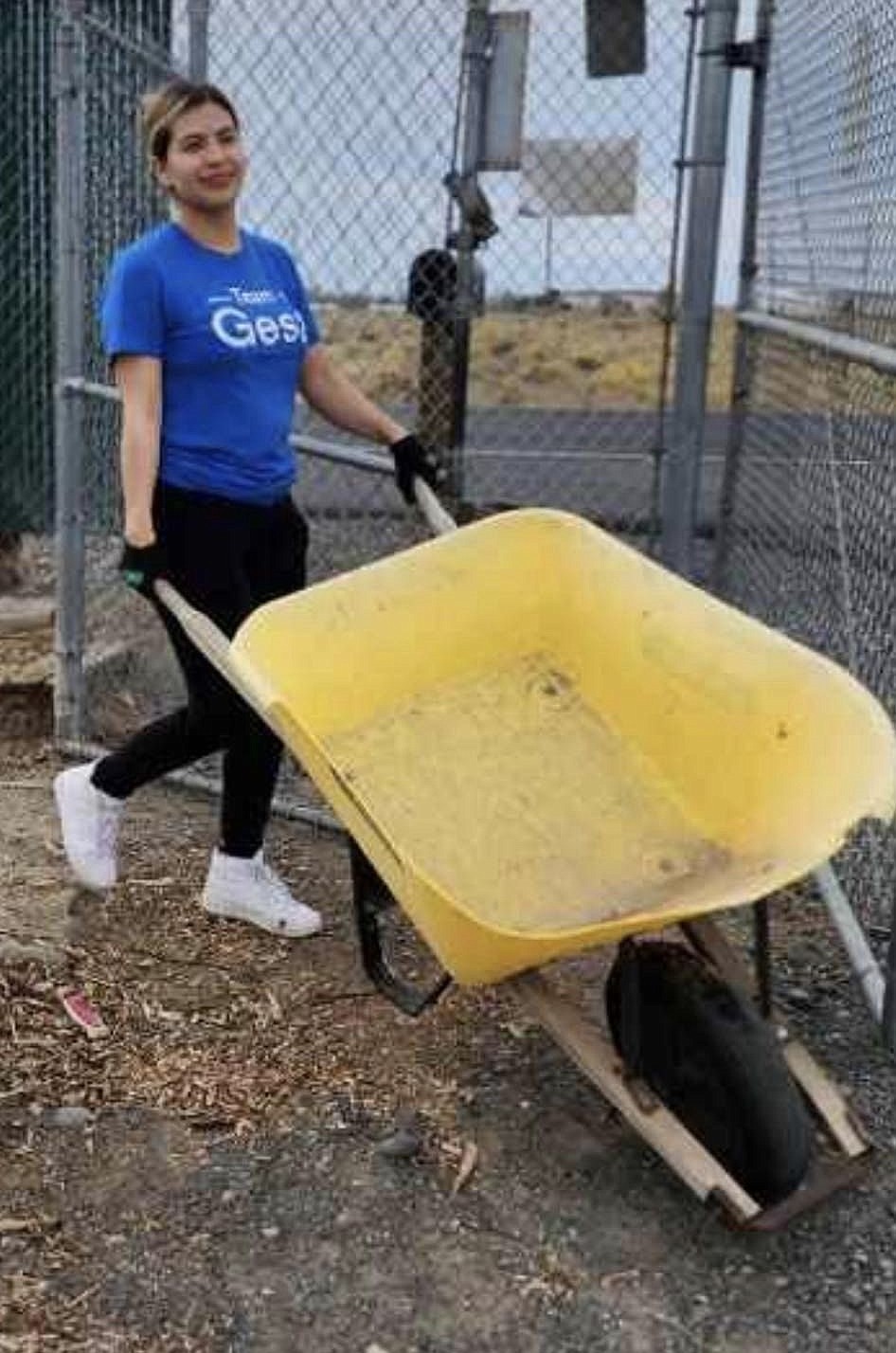 A Gesa employee uses a wheelbarrow to help out at Grant County Animal Outreach last week.