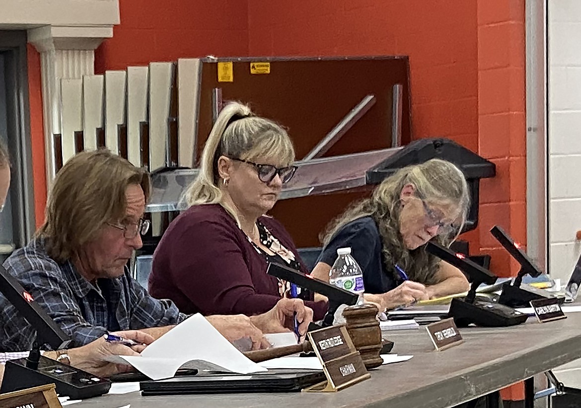 West Bonner County School District trustees Troy Reinbold, Carlyn Barton and Margaret Hall are pictured at an Aug. 25 board meeting. All are running for reelection on Nov. 7.