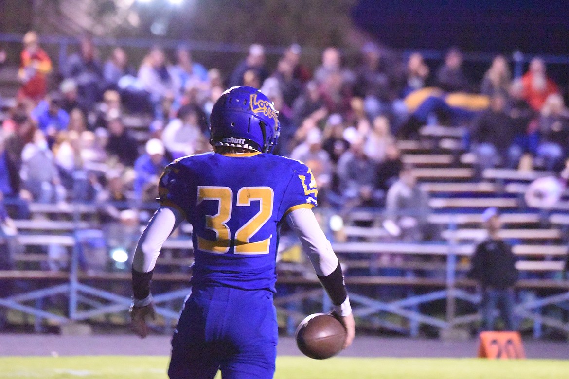 Libby's Joel Goodman (32) caught three touchdown passes from Tristan Andersen in the Logger's 42-26 win over Browning on Friday, Oct. 13. (Scott Shindledecker/The Western News)