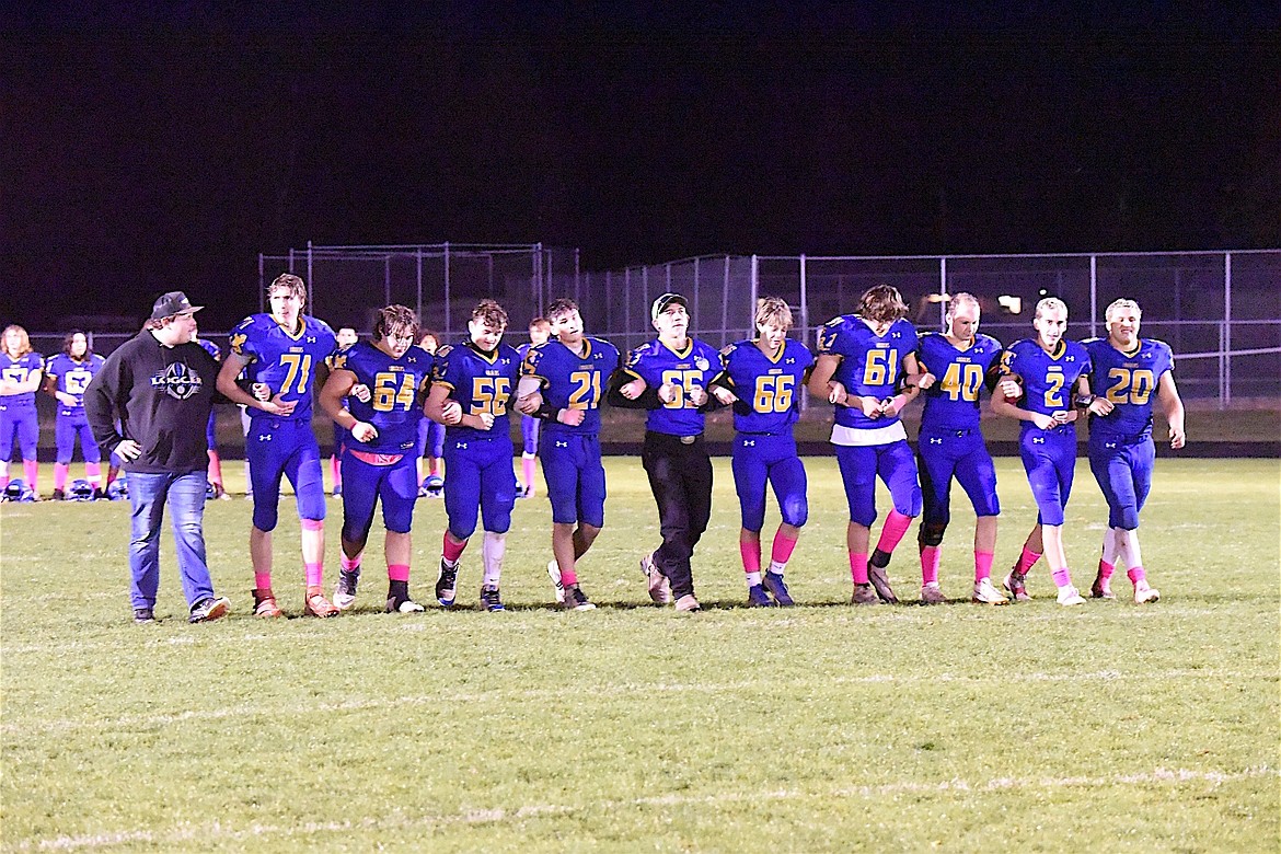 Libby's senior football players were honored before the Logger's 42-26 win over Browning on Friday, Oct. 13. They included Carson Williams, Jace DeShazer, Trent Riddel, Chayse Hartley, Hunter Higareda, Xavier Reatz, Gaige Bache, David Beck, Drew Munro, team manager Ethan Erickson and John Leary, walking for his late son, Zach Leary. (Scott Shindledecker/The Western News)
