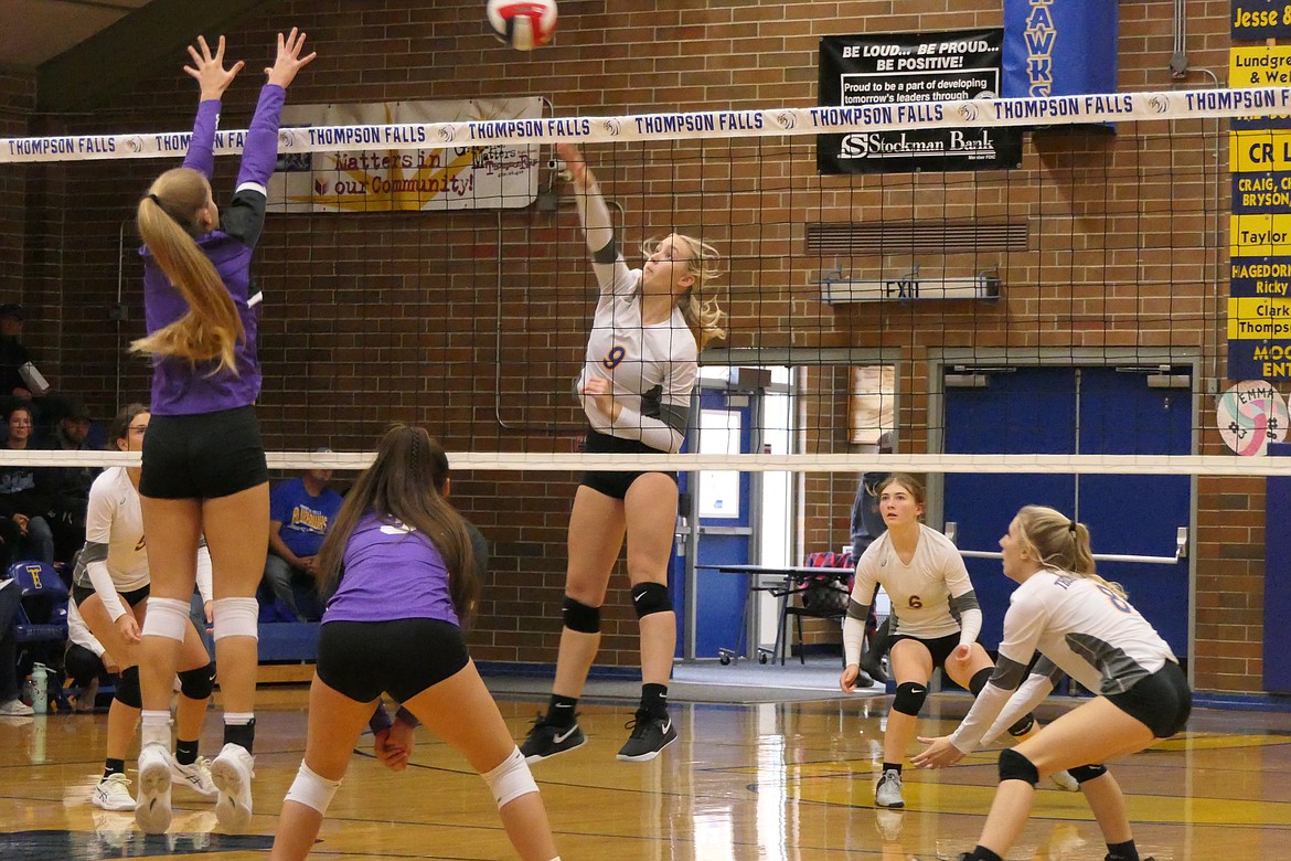 Thompson Falls sophomore Gabi Hannum (9) shoots over Charlo's Leah Cahoon during their match Saturday afternoon in T-Falls. (Chuck Bandel/VP-MI)