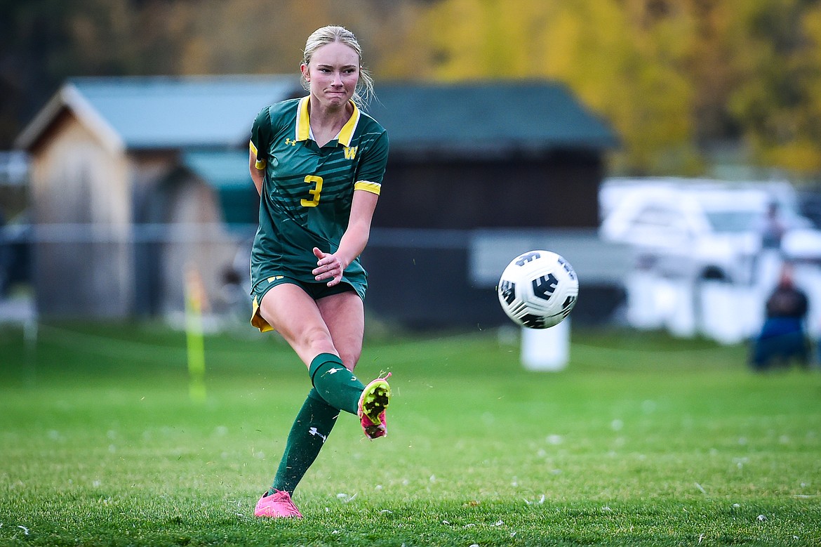 Whitefish's Madison Gordon (3) kicks a free kick in the first half against Billings Central at Smith Fields on Saturday, Oct. 14. (Casey Kreider/Daily Inter Lake)