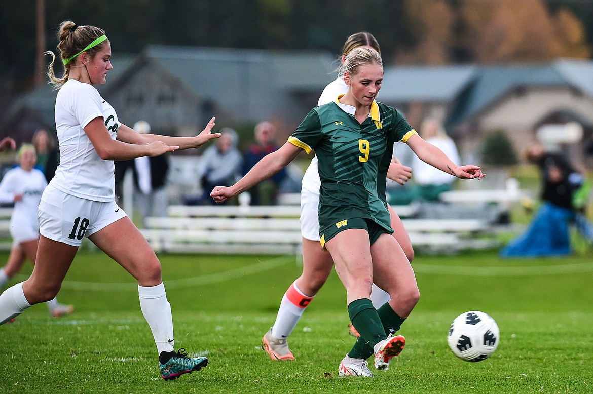 Whitefish's Delaney Smith (9) scores a goal in the first half against Billings Central at Smith Fields on Saturday, Oct. 14. (Casey Kreider/Daily Inter Lake)