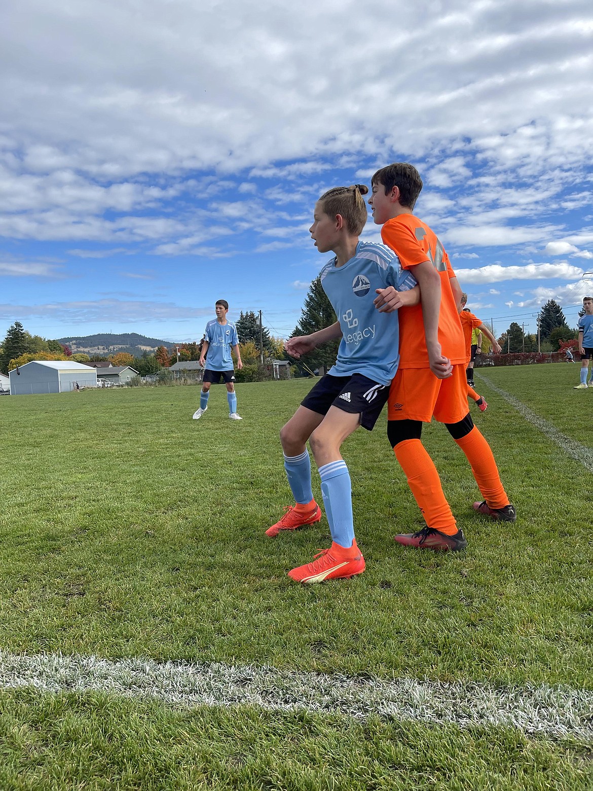 Courtesy photo
The FC North Idaho Avalanche U14 boys soccer team tied 90+ Project of Spokane 1-1 at Plantes Ferry Sports Complex in Spokane Valley. Pictured in blue for the Avalanche are Madden Steenstra, near, and Kenton Susca, rear.